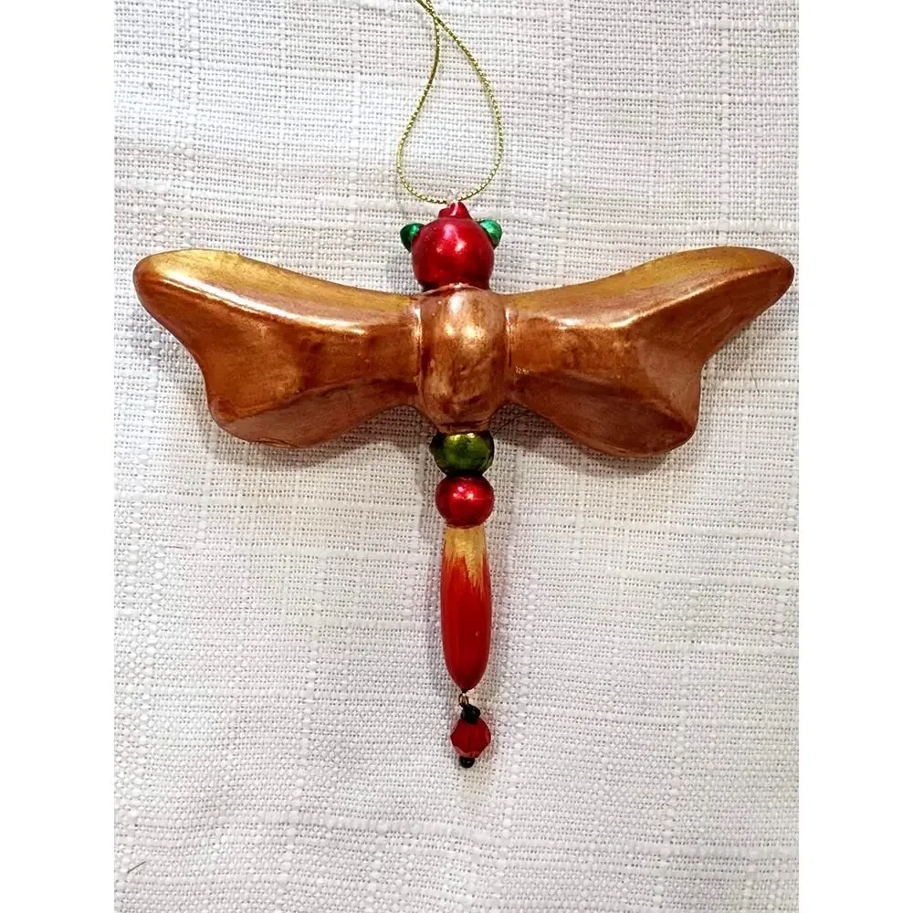 Jeweled Glass Dragonfly Christmas Ornament Rhinestone Mosaic Gold Iridescent